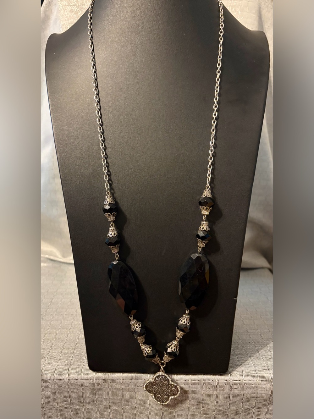 Elegant Black Faceted Bead Long Necklace